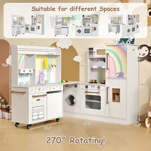 Vista 3 de Juego de cocina de esquina de madera para niños, cocina de juego grande con fregadero con agua corriente, estufa con luz y sonido, máquina de hielo