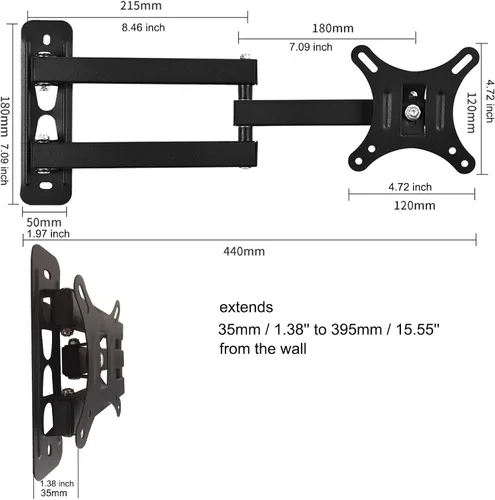 Vista 3 de Soporte de pared para TV, monitor de movimiento completo, giratorio e inclinable para monitor LED OLED LCD de 14 a 27 pulgadas, VESA 75 x 75 3.937 x