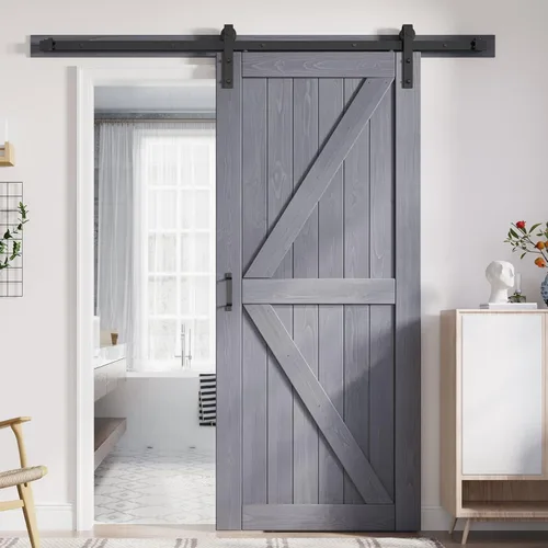 Vista 19 de FREDBECK Puertas dobles grises de 24 x 84 pulgadas, puerta de granero de 48 pulgadas con kit de herrajes para puerta de granero de 8 pies incluido