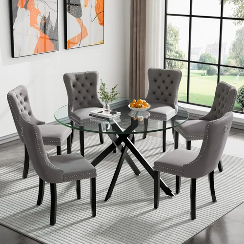 Vista 101 de Juego de mesa de comedor de cristal plateado moderno de 47 pulgadas para 2, juego de mesa de comedor de cocina redonda de 3 piezas con patas