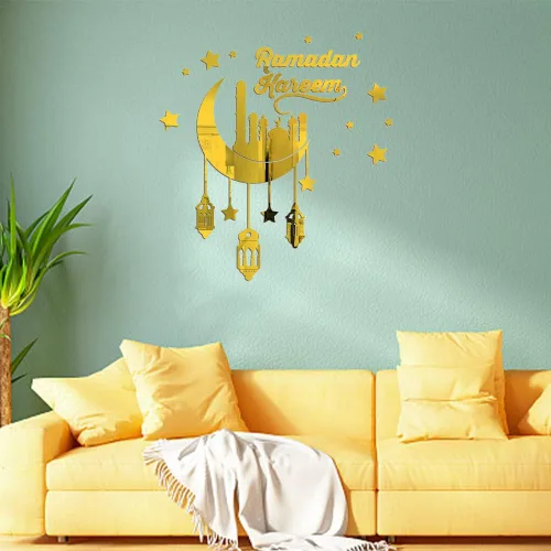 Vista 5 de ALIBBON Calcomanías de Ramadán Kareem, calcomanías doradas de farol de castillo de luna, decoraciones de pared de Eid Mubarak para el hogar