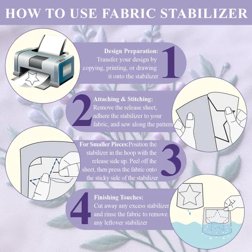 Vista 3 de Estabilizador Soluble en Agua para Bordado - Papel Adherible y de Costura que se Lava 8.5x11 Pulgadas Paquete de 8, Estabilizador Imprimible