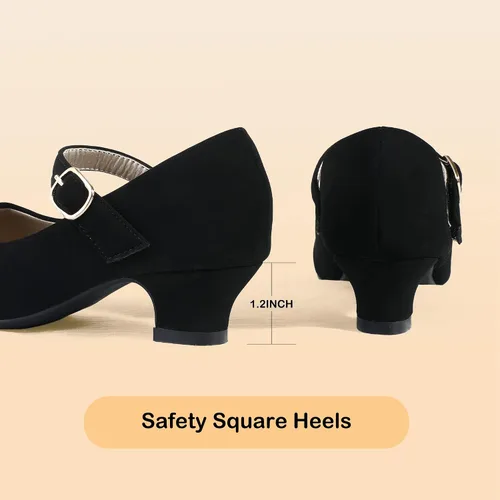 Vista 4 de PANDANINJIA Zapatos de vestir para niñas, zapatos Mary Jane para niñas, tacones bajos para niñas pequeñas, flores, boda, fiesta, escuela