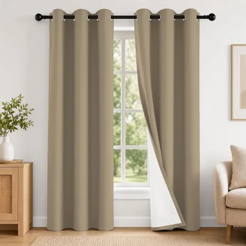 Vista 29 de 2 paneles de cortinas 100% opacas, de peso medio, con aislamiento térmico y ojales para dormitorio, sala de estar, tratamiento de ventana