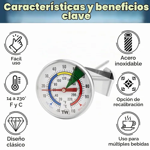 Vista 2 de Termómetro de leche para vaporizar leche - Ideal como termómetro de temperatura de café con sonda de acero inoxidable de 175 mm y clip para café