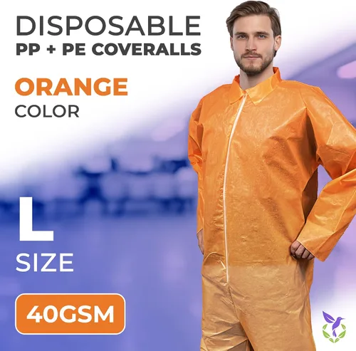 Vista 2 de AMZ Medical Supply Overol desechable naranja para hombres/mujeres, grande. Traje de material peligroso desechable. Overol transpirable de PP+PE