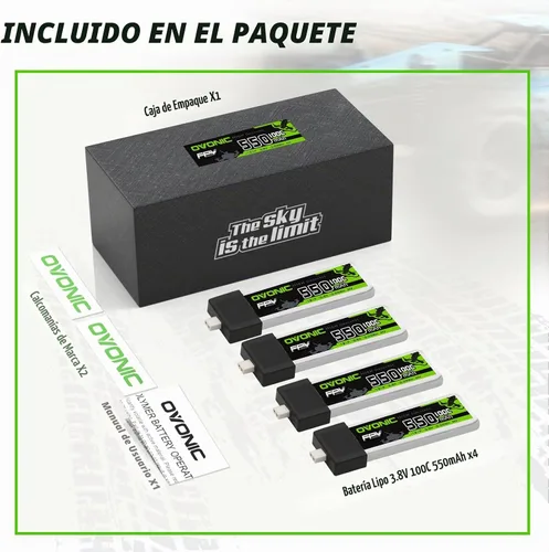 Vista 6 de OVONIC Batería LiPo 1S 550mAh 100C HV 3.8V con conector BT2.0 para FPV Tiny Whoop (4 piezas)