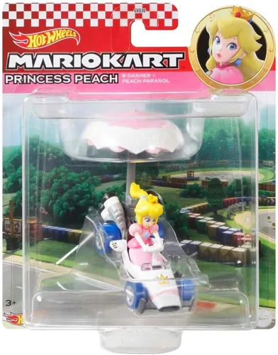 Vista 5 de Hot Wheels Mario Kart Princess Melocotón fundido a presión en B-Dasher Kart con parasol de melocotón planeador