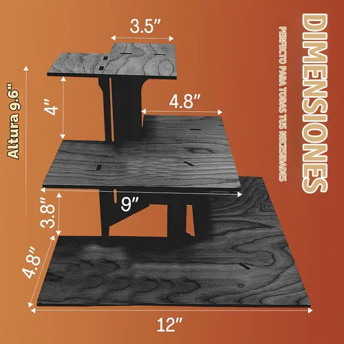 Vista 4 de Mesa expositora de esquina de ébano quemado de 3 niveles con estantes para productos - portátil Negro