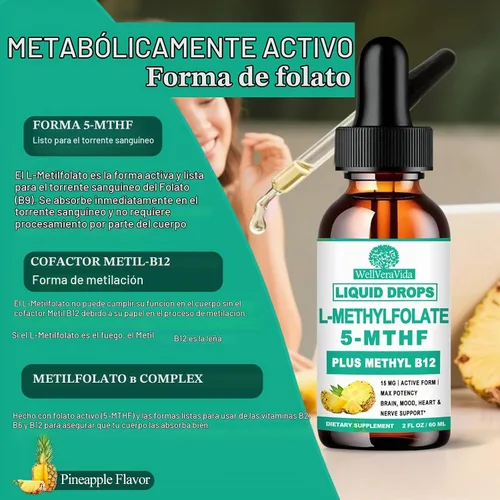 Vista 3 de L metilfolato 15mg gotas líquidas, 5-MTHF más metil B12 para adultos