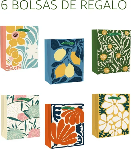 Vista 2 de qiqee 7.9 x 4.3 x 9.6 pulgadas, 6 bolsas de regalo de papel con flores llamativas con asas de papel tisú, bolsas de tamaño mediano
