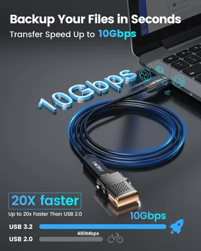 Vista 2 de Cable de extensión USB 3.2 de fibra óptica de 33 pies, 10Gbps USB A macho a Negro