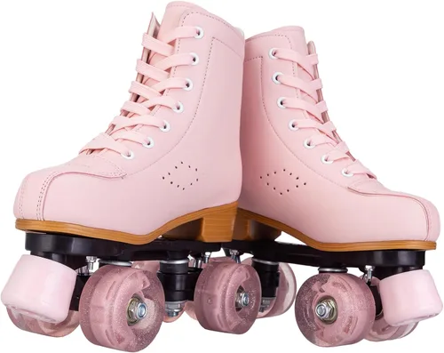 Vista 8 de Patines de ruedas para niñas y mujeres, patines de piel sintética acogedores en color rosa y púrpura con luces, patines para interiores y exteriores
