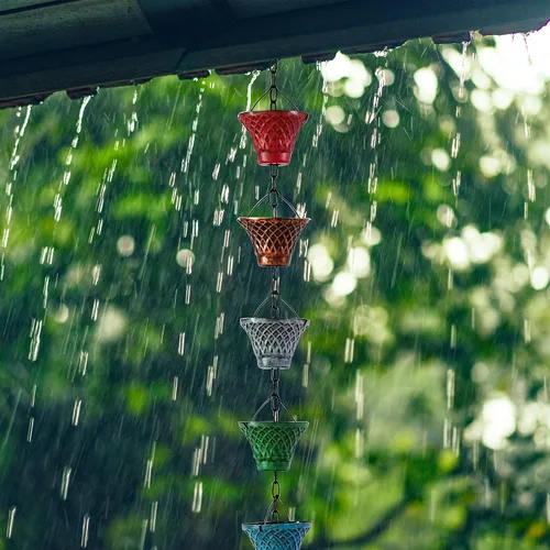 Vista 5 de Cadenas de lluvia de hierro multicolor de 5.8 pies para canaleta y barril de lluvia, resistente al óxido, cadena de lluvia chapada para decoración