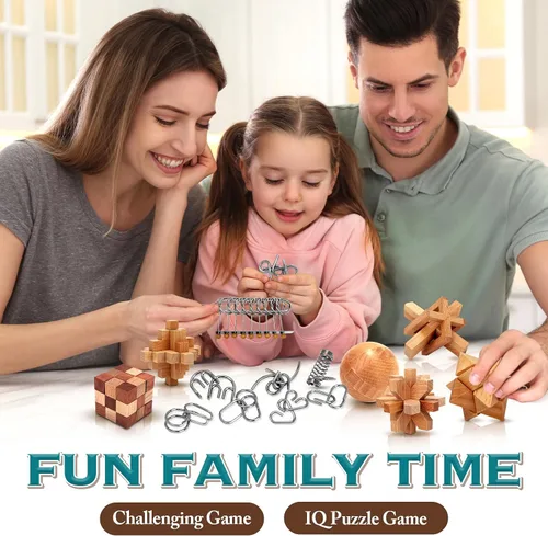 Vista 9 de Rompecabezas de metal de madera, regalos de Pascua para niños y adolescentes, rompecabezas de cerebro desenredado de eslabones de hierro, juego