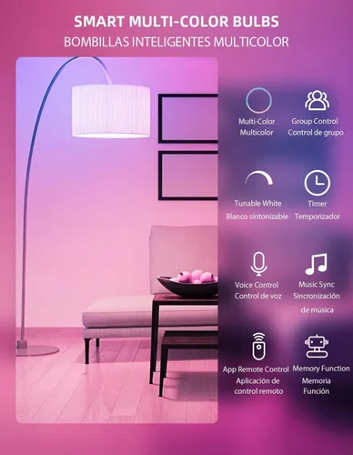 Vista 2 de Bombillas LED inteligentes WiFi, compatibles con Alexa y Google Home Assistant, sincronización de música, bombilla cambiante multicolor, A19 E26 10W