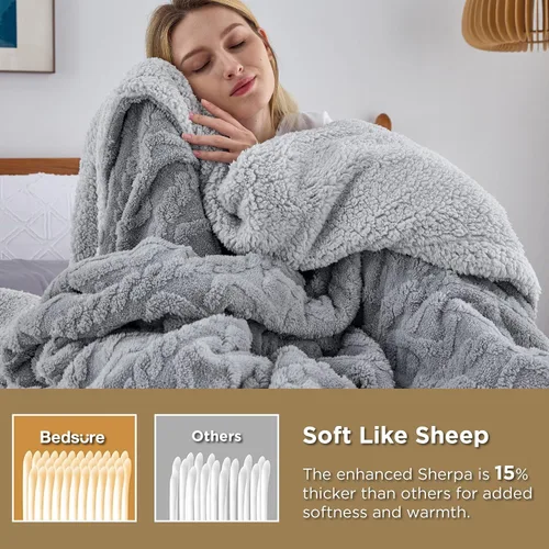 Vista 4 de Bedsure Manta de cable Sherpa tamaño Queen (gris y beige)