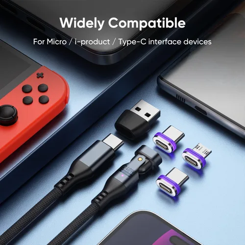 Vista 7 de Cable de carga magnético de 240 W, cable de datos magnético USBC a USB C giratorio de 180°, cable de carga rápida para teléfono micro USB
