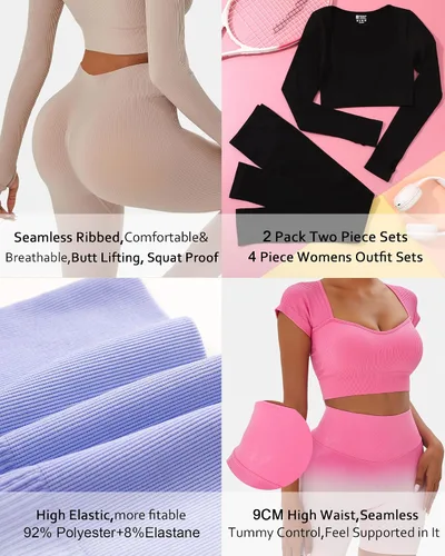 Vista 7 de FINETOO Conjunto de 4 piezas de entrenamiento para mujer, acanalado, sin costuras, manga larga, camiseta deportiva, sin mangas, cintura alta