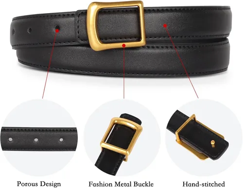 Vista 209 de Cinturón de cuero clásico con hebilla de metal para mujer con vestido de jeans