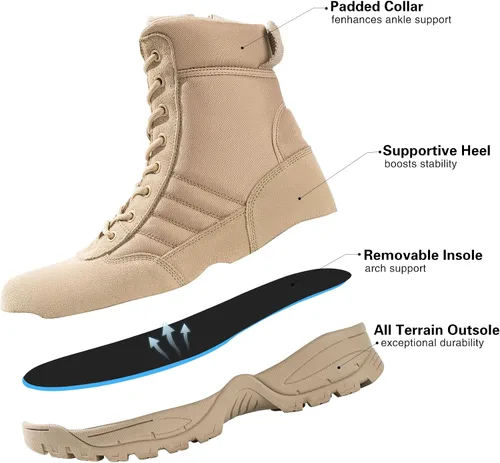 Vista 5 de Botas militares tácticas de trabajo para hombre, de piel negra, impermeables, para motocicleta, combate, militar, con cremallera lateral