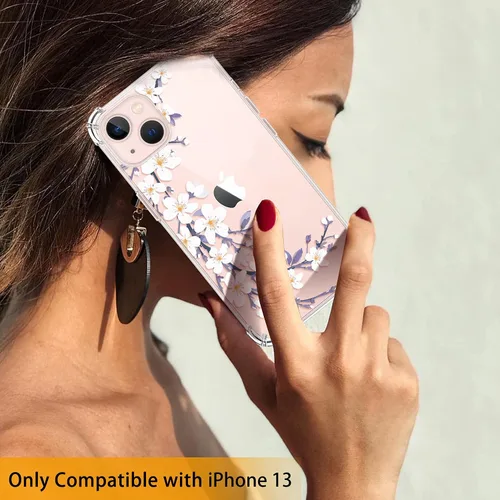 Vista 7 de Funda para iPhone 13 con protector de pantalla con patrón de flores, transparente, a prueba de golpes, funda protectora de poliuretano termoplástico