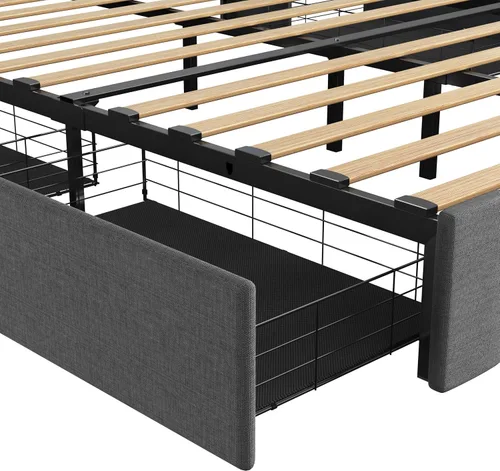 Vista 9 de Livavege Base de cama Queen con cabecera LED y 4 cajones de almacenamiento sobre ruedas, cama de plataforma tapizada con alas con salidas y puertos