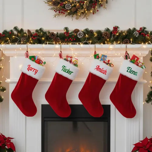 Vista 7 de Ulico Medias personalizadas de Navidad, medias familiares con nombre personalizado, media grande de terciopelo rojo de 20" con puño suave de felpa
