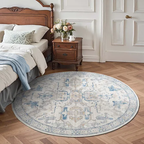 Vista 381 de jinchan Lima - Alfombra simétrica floral geométrica lavable, alfombra de entrada de medio círculo de 2 x 3, alfombra de media luna, suave y Azul
