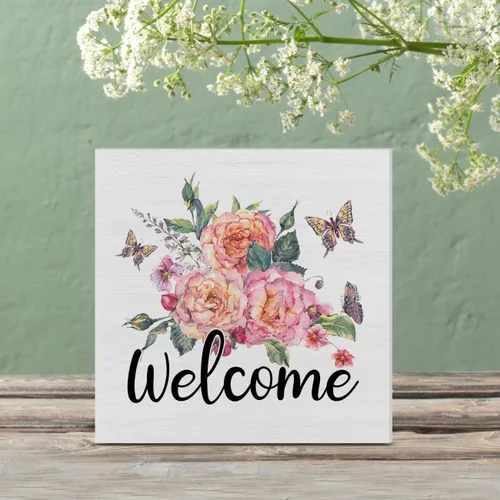 Vista 5 de Letrero de madera con texto en inglés "Welcome Butterflies", caja de madera de granja, bloques de arte de primavera, estante de escritorio, mesa