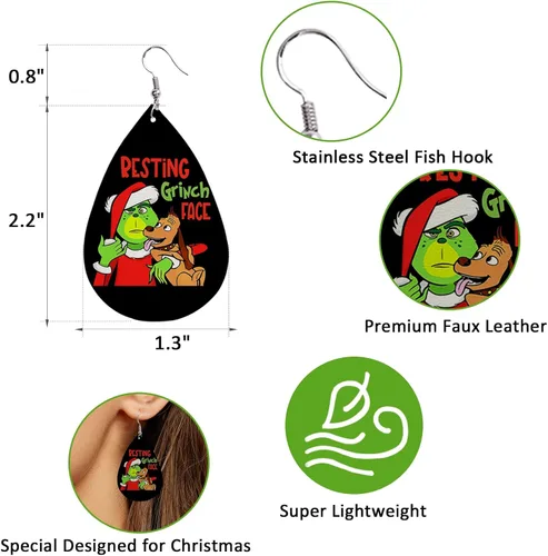 Vista 2 de Juego de 12 aretes de piel sintética de Feliz Navidad, aretes colgantes de lágrima de Navidad, joyería de moda a rayas negras y verdes, divertido