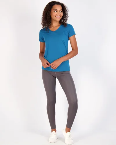 Vista 4 de Paquete de 5 camisetas de manga corta para mujer, con cuello en V, tela Dry-Fit que absorbe la humedad, para yoga (disponible en tallas grandes)