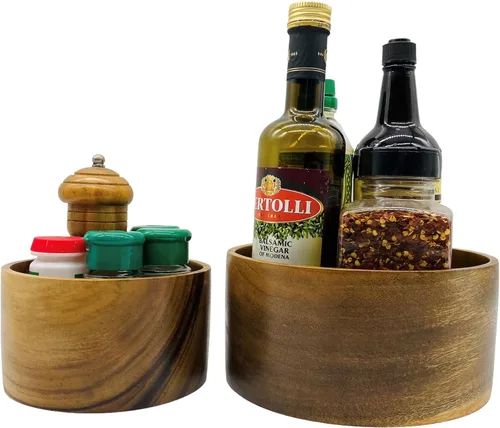 Vista 2 de Juego de 2 cuencos redondos de madera maciza de acacia para alimentos, almacenamiento de condimentos, ensalada, aperitivos, nueces, pan, palomitas
