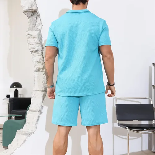 Vista 3 de PICKLION Conjunto deportivo de 2 piezas con cremallera para hombre, camiseta polo y pantalones cortos, conjunto casual de verano de manga corta