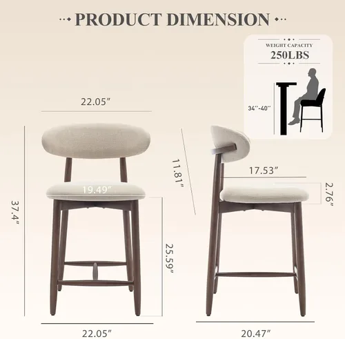 Vista 2 de COLAMY Taburetes de bar con respaldo, taburetes de bar de altura de mostrador, taburetes tapizados con patas de madera para cocina, isla de comedor