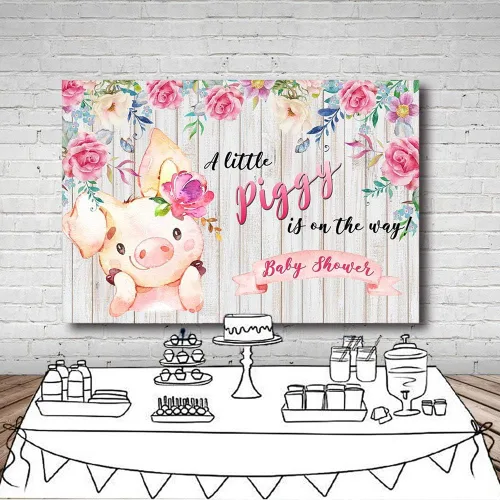 Vista 5 de Sweet A Little Piggy is On The Way Princess Girl Farm Baby Shower - Pancarta de fondo de fotos de primavera rosa floral de madera para fotografía