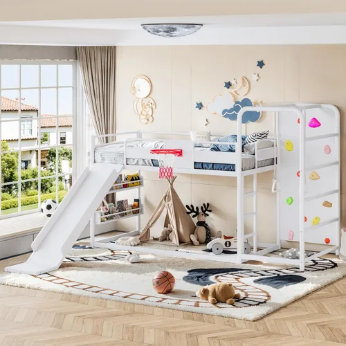 Vista 12 de Polibi Twin Metal Loft Bunk Bed with Basketball Hoop, Slide, Climbing Wall Loft Bed With Climbing Wall, Slide, Rings, And Bookshelves. A Fun Black