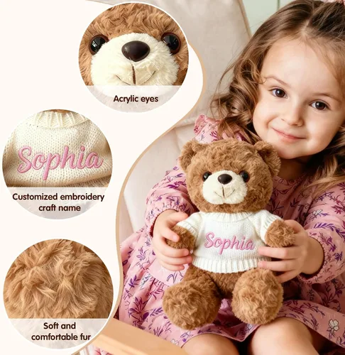 Vista 4 de OELTTG Oso de peluche personalizado con nombre, animal de peluche con nombre personalizado, relleno de cesta de Pascua para bebé, regalos