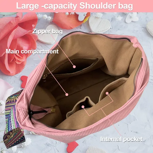 Vista 3 de Bolso de mano de pana para mujer, bolso cruzado Hobo para mujer con correa de guitarra, bolso de mensajero de lona para la escuela, el trabajo