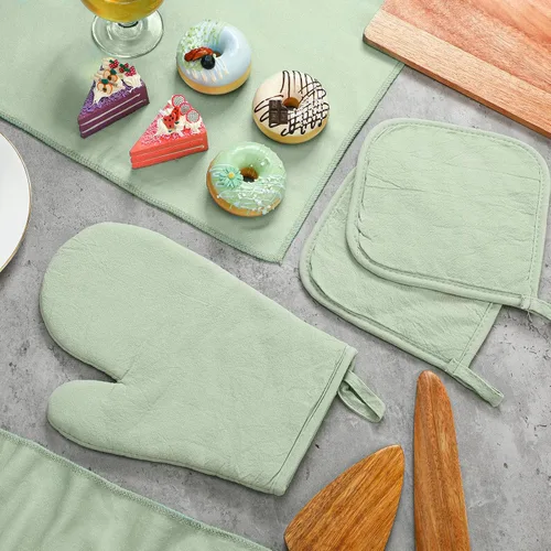 Vista 6 de Rtteri Juego de 5 manoplas de horno verdes para ollas y toallas de cocina, 1 guante de horno de cocina y 2 paños de cocina, 2 agarraderas verdes