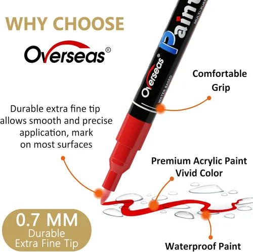 Vista 2 de Marcadores de Pintura Overseas - Marcadores Permanentes Blancos de Pintura Acrílica, Juego de 12, a Base de Agua, Impermeables, Punta Extrafina