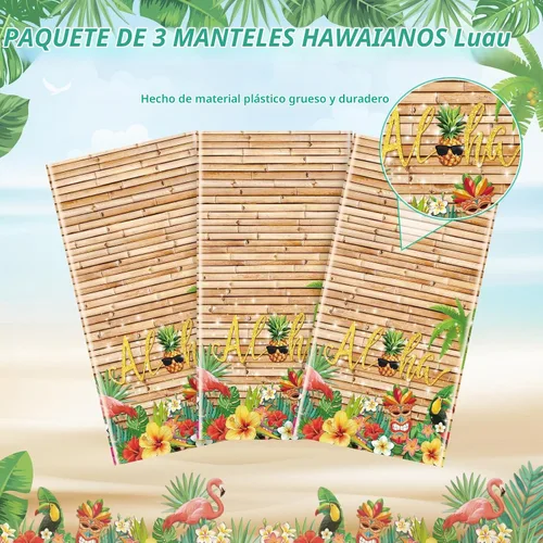 Vista 4 de Mantel hawaiano Luau de 3 piezas, mantel para fiesta de Tiki tropical, mantel rectangular desechable de plástico para Tiki Bar Tropical, verano