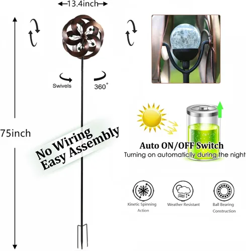 Vista 2 de Spinner de viento solar mejorado 360 grados giratorio multicolor LED iluminación bola de vidrio con cinético viento giratorio vertical escultura