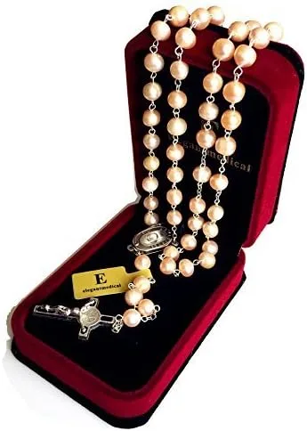 Vista 4 de elegantmedical hecho a mano caja de agua dulce perlas Lourdes Medalla Rosario Collar Cruz Católica de agua rosa