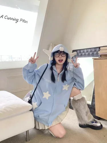 Vista 2 de grhaat Kawaii Angel Wings Star Sudadera con capucha Y2k Anime japonés cremallera Harajuku Casual Sudadera Cutecore Diseñador Streetwear