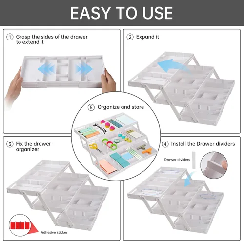 Vista 5 de Organizador de cajones inteligente de varios niveles, organizador de cajones de basura plegable ajustable para cocina, baño, oficina y dormitorio