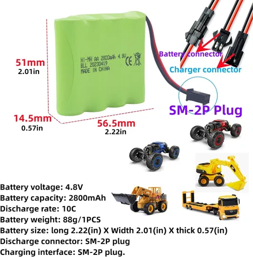 Vista 2 de sea jump Batería recargable AA de 4.8 V 2800 mAh con enchufe SM-2P y cable de carga USB para SY-E511 RC Excavadora Camión Ingeniería Vehículo E562