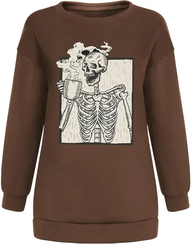 Vista 4 de Meladyan - Sudadera de forro polar con estampado de calavera de Halloween de gran tamaño, cuello redondo, manga larga, hombros caídos