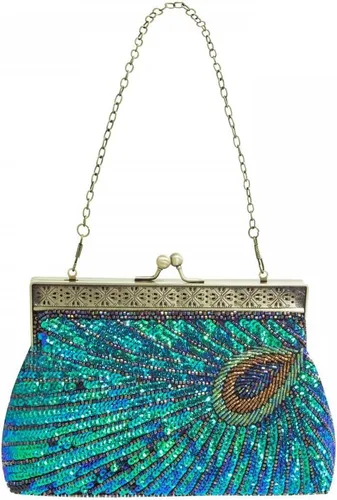 Vista 3 de Bolso de noche con cuentas de lentejuelas para mujer, estilo retro, pavo real, bolso de novia, bolso vintage brillante para fiesta, boda, cóctel
