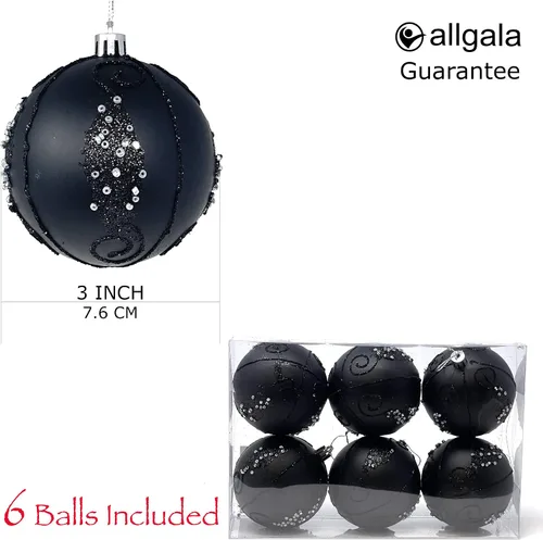 Vista 2 de Allgala - Paquete de 6 bolas para decorar el árbol de Navidad, 3" con lujosa decoración con brillantina (negro)